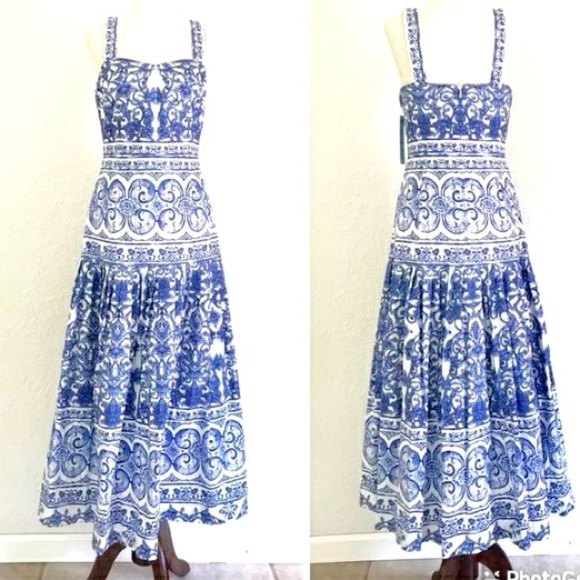 Antonio Melani,Stunning Blue & White Iconic Majolica Print Midi Dress EUC Size 2 - Picture 2 of 9
